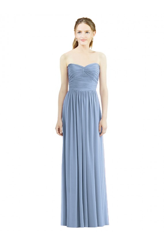 Fournisseurs de Bleu poussiéreux Trapèze Sans bretelle Mousseline Longue Robes demoiselle d'honneur
