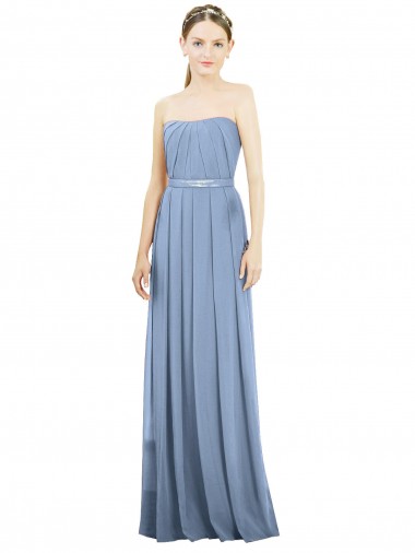 Fournisseurs de Bleu poussiéreux Trapèze Sans bretelle Mousseline Longue Robes demoiselle d'honneur