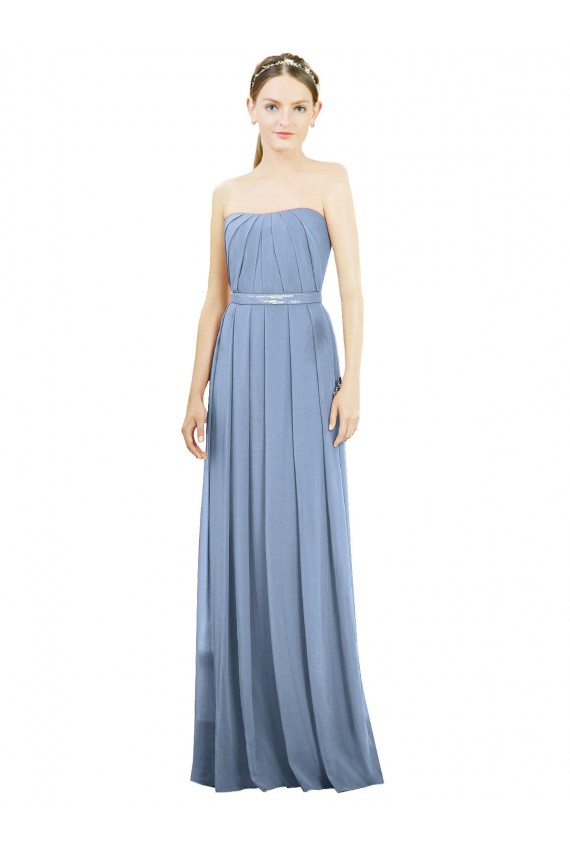 Fournisseurs de Bleu poussiéreux Trapèze Sans bretelle Mousseline Longue Robes demoiselle d'honneur
