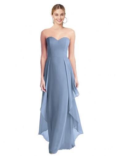 Fournisseurs de Bleu poussiéreux Trapèze Sans bretelle Mousseline Longue Robes demoiselle d'honneur