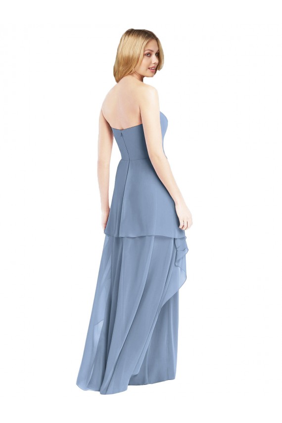 Fournisseurs de Bleu poussiéreux Trapèze Sans bretelle Mousseline Longue Robes demoiselle d'honneur
