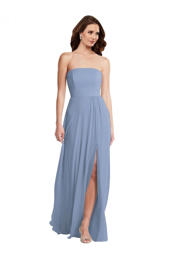 Fournisseurs de Bleu poussiéreux Trapèze Sans bretelle Mousseline Longue Robes demoiselle d'honneur