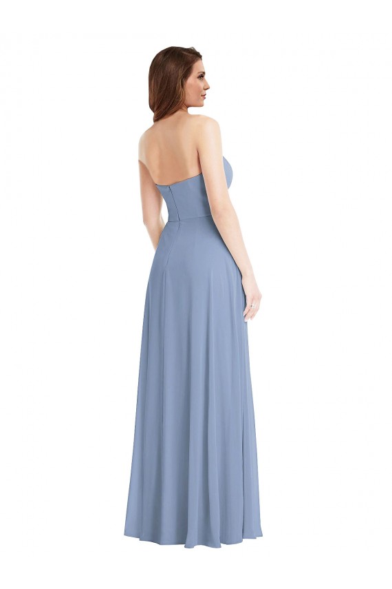 Fournisseurs de Bleu poussiéreux Trapèze Sans bretelle Mousseline Longue Robes demoiselle d'honneur