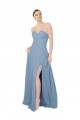 Fournisseurs de Bleu poussiéreux Trapèze Sans bretelle Mousseline Longue Robes demoiselle d'honneur