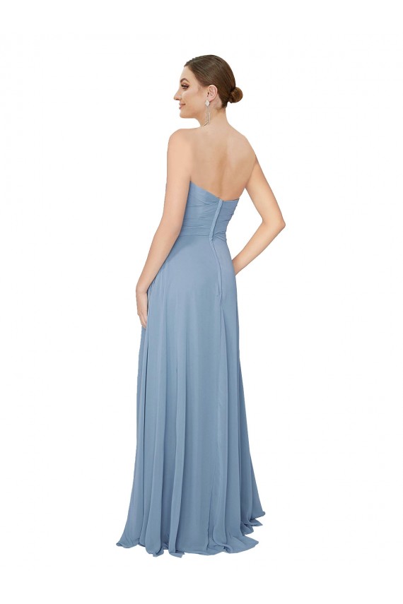 Fournisseurs de Bleu poussiéreux Trapèze Sans bretelle Mousseline Longue Robes demoiselle d'honneur