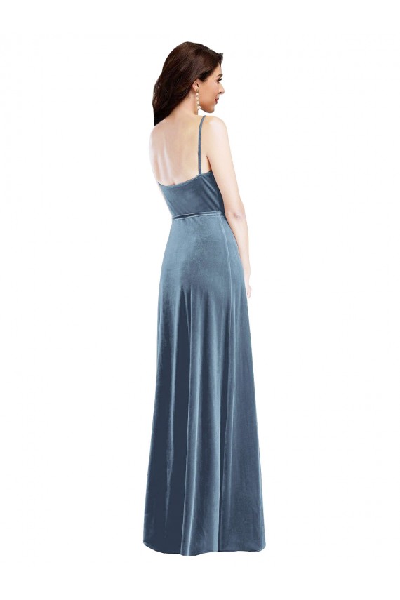 Fournisseurs de Bleu poussiéreux Trapèze Velours Stretch Longue Robes demoiselle d'honneur / Robes de bal