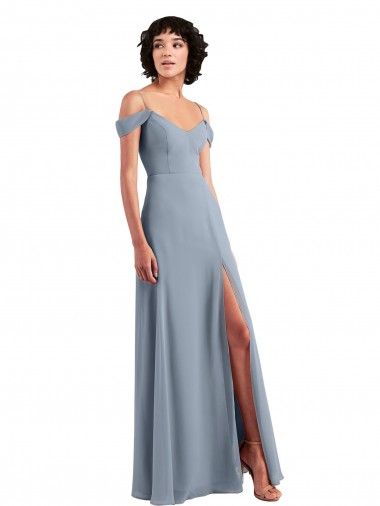 Fournisseurs de Bleu poussiéreux Trapèze Épaule Dénudée Bretelles spaghetti Mousseline Longue Robes demoiselle d'honneur