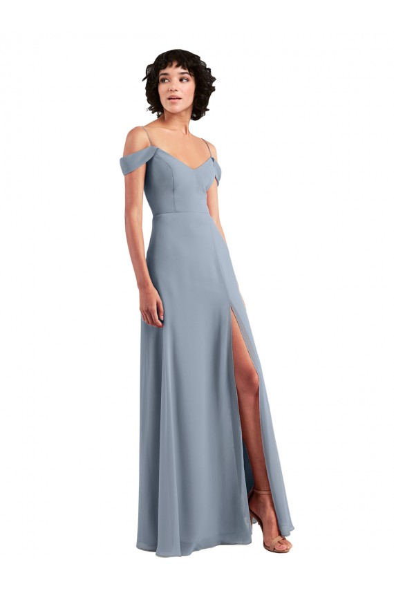 Fournisseurs de Bleu poussiéreux Trapèze Épaule Dénudée Bretelles spaghetti Mousseline Longue Robes demoiselle d'honneur