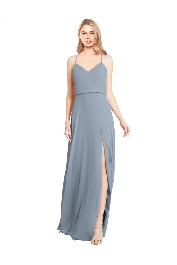 Fournisseurs de Bleu poussiéreux Trapèze Épaule Dénudée Bretelles spaghetti Mousseline Longue Robes demoiselle d'honneur
