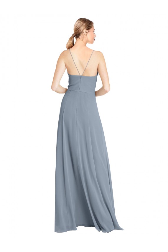 Fournisseurs de Bleu poussiéreux Trapèze Épaule Dénudée Bretelles spaghetti Mousseline Longue Robes demoiselle d'honneur