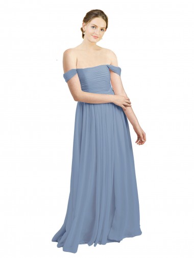 Fournisseurs de Bleu poussiéreux Trapèze Épaule Dénudée Mousseline Longue Robes demoiselle d'honneur