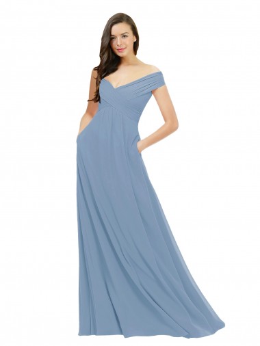 Fournisseurs de Bleu poussiéreux Trapèze Épaule Dénudée Mousseline Longue Robes demoiselle d'honneur
