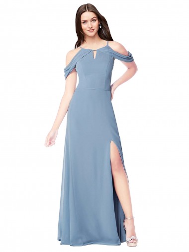 Fournisseurs de Bleu poussiéreux Trapèze Épaule Dénudée Mousseline Longue Robes demoiselle d'honneur