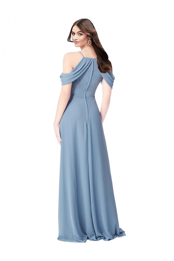 Fournisseurs de Bleu poussiéreux Trapèze Épaule Dénudée Mousseline Longue Robes demoiselle d'honneur
