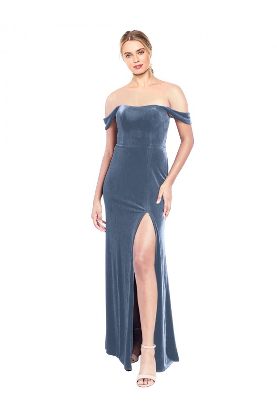 Fournisseurs de Bleu poussiéreux Trapèze Épaule Dénudée Sans bretelle Velours Stretch Longue Robes demoiselle d'honneur / Robes de bal