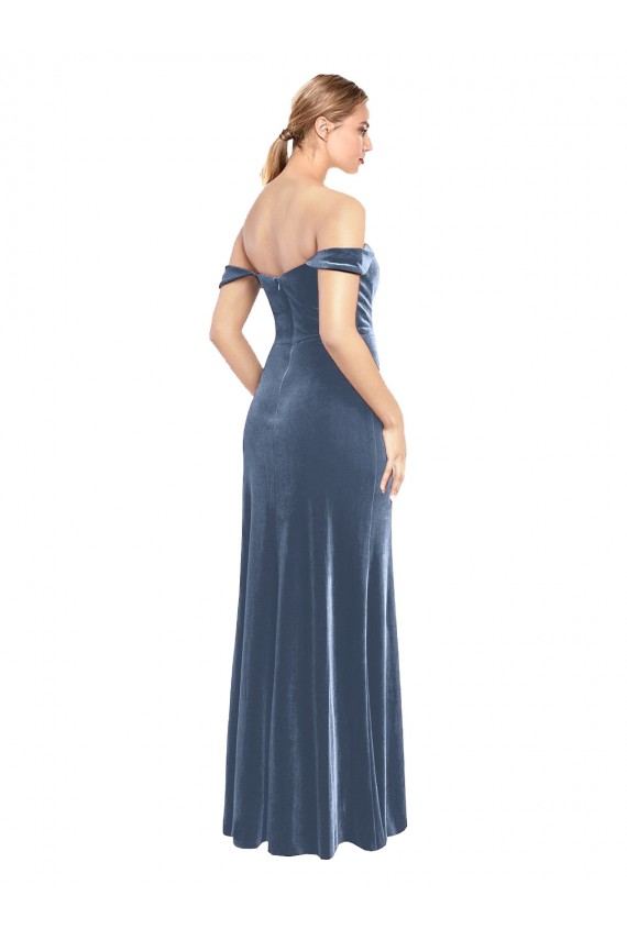 Fournisseurs de Bleu poussiéreux Trapèze Épaule Dénudée Sans bretelle Velours Stretch Longue Robes demoiselle d'honneur / Robes de bal