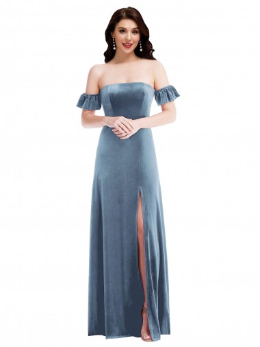 Fournisseurs de Bleu poussiéreux Trapèze Épaule Dénudée Velours Stretch Longue Robes demoiselle d'honneur / Robes de bal