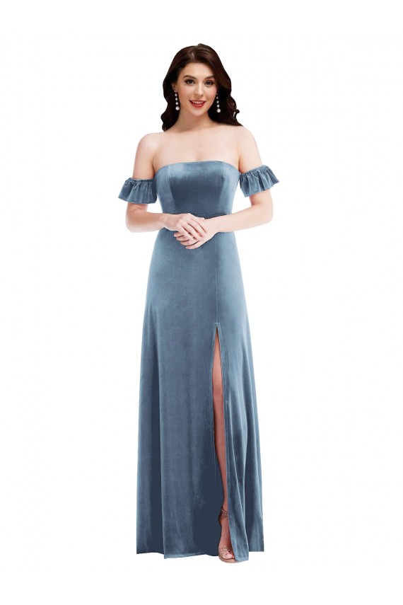 Fournisseurs de Bleu poussiéreux Trapèze Épaule Dénudée Velours Stretch Longue Robes demoiselle d'honneur / Robes de bal