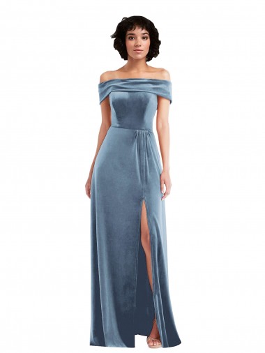 Fournisseurs de Bleu poussiéreux Trapèze Épaule Dénudée Velours Stretch Longue Robes demoiselle d'honneur / Robes de bal