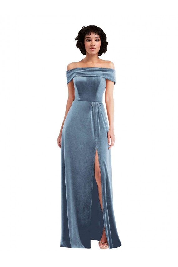 Fournisseurs de Bleu poussiéreux Trapèze Épaule Dénudée Velours Stretch Longue Robes demoiselle d'honneur / Robes de bal