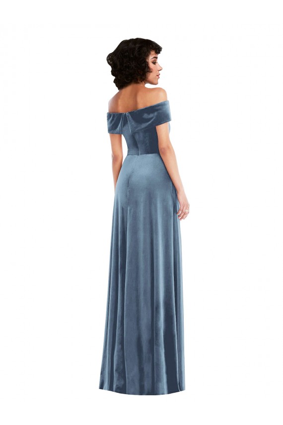 Fournisseurs de Bleu poussiéreux Trapèze Épaule Dénudée Velours Stretch Longue Robes demoiselle d'honneur / Robes de bal