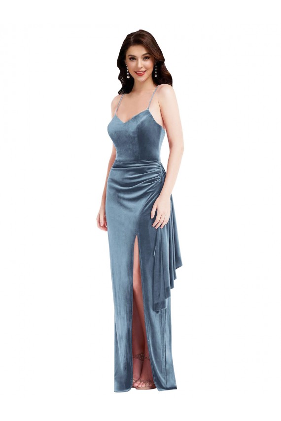 Fournisseurs de Bleu poussiéreux Trompette Bretelles spaghetti Velours Stretch Longue Formelles Robes demoiselle d'honneur / Robes de soirée / Robes de bal
