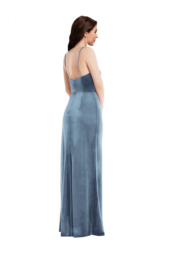 Fournisseurs de Bleu poussiéreux Trompette Bretelles spaghetti Velours Stretch Longue Formelles Robes demoiselle d'honneur / Robes de soirée / Robes de bal