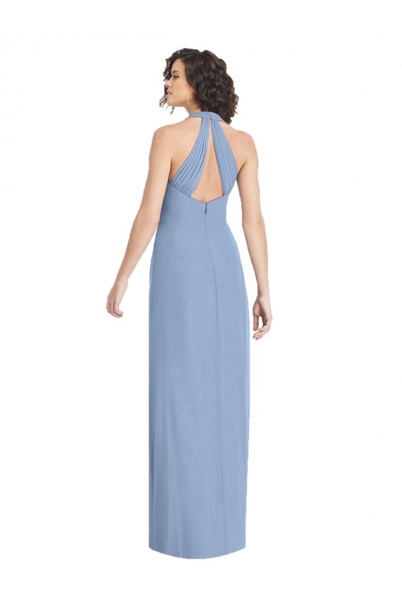 Fournisseurs de Bleu poussiéreux Trompette Licou Col V Mousseline Longue Formelles Robes demoiselle d'honneur / Robes de soirée