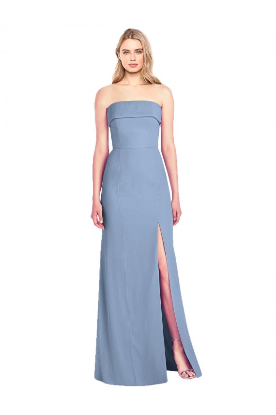 Fournisseurs de Bleu poussiéreux Trompette Sans bretelle Mousseline Longue Robes demoiselle d'honneur