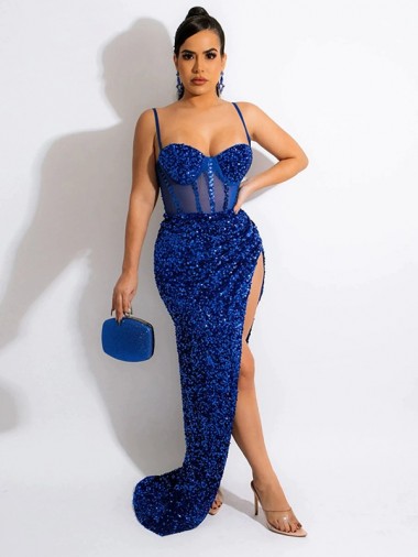 Fournisseurs de Bleu roi Fourreau Bretelles spaghetti Balayage train Paillettes Velours Longue Robes de bal