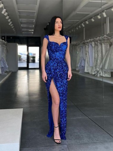 Fournisseurs de Bleu roi Fourreau Bretelles spaghetti Balayage train Paillettes Velours Longue Robes de bal