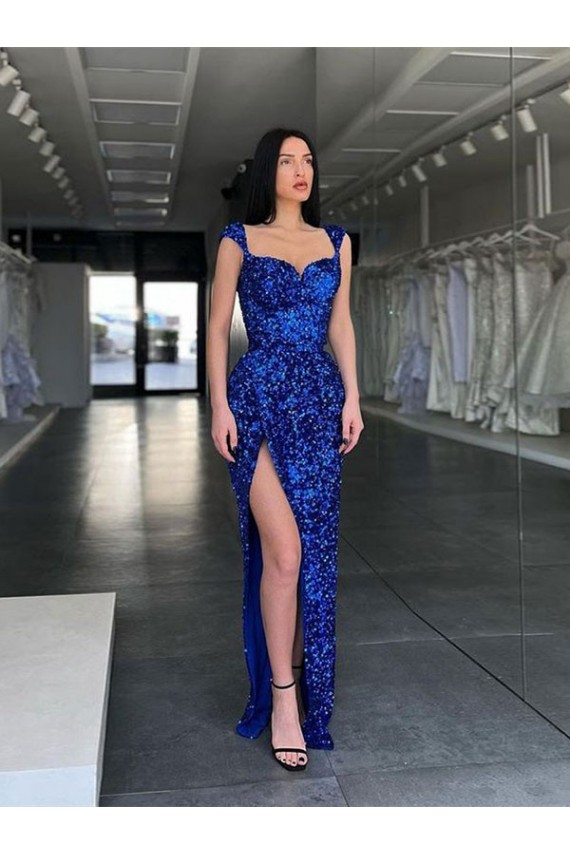 Fournisseurs de Bleu roi Fourreau Bretelles spaghetti Balayage train Paillettes Velours Longue Robes de bal