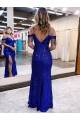 Fournisseurs de Bleu roi Fourreau Bretelles spaghetti Col V Paillettes Velours Longue Robes de bal