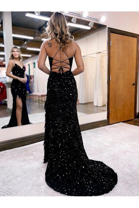 Fournisseurs de Bleu roi Fourreau Col V Balayage train Paillettes Velours Longue Robes de bal