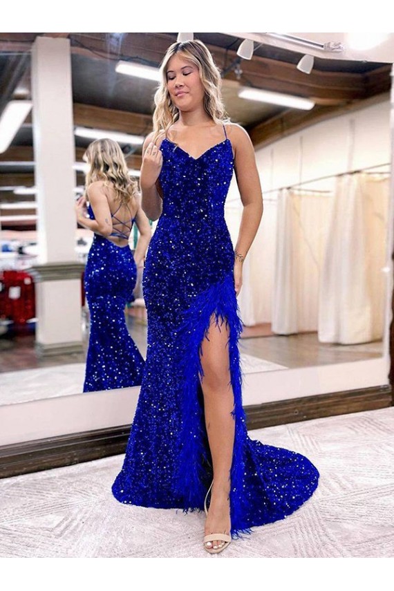 Fournisseurs de Bleu roi Fourreau Col V Balayage train Paillettes Velours Longue Robes de bal
