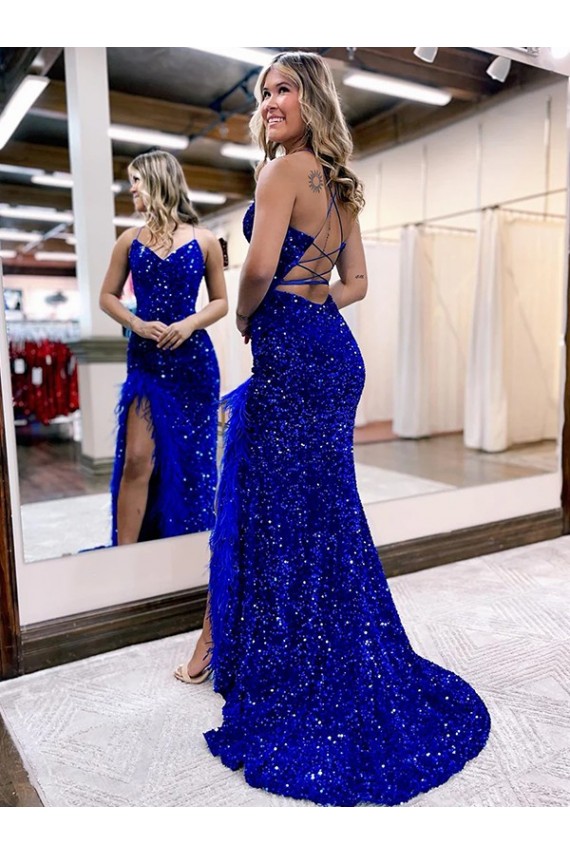 Fournisseurs de Bleu roi Fourreau Col V Balayage train Paillettes Velours Longue Robes de bal