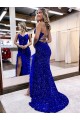 Fournisseurs de Bleu roi Fourreau Col V Balayage train Paillettes Velours Longue Robes de bal