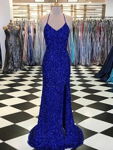 Fournisseurs de Bleu roi Fourreau Col V Balayage train Paillettes Velours Longue Robes de bal