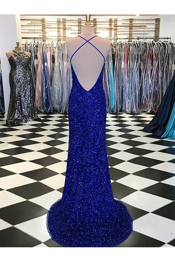 Fournisseurs de Bleu roi Fourreau Col V Balayage train Paillettes Velours Longue Robes de bal