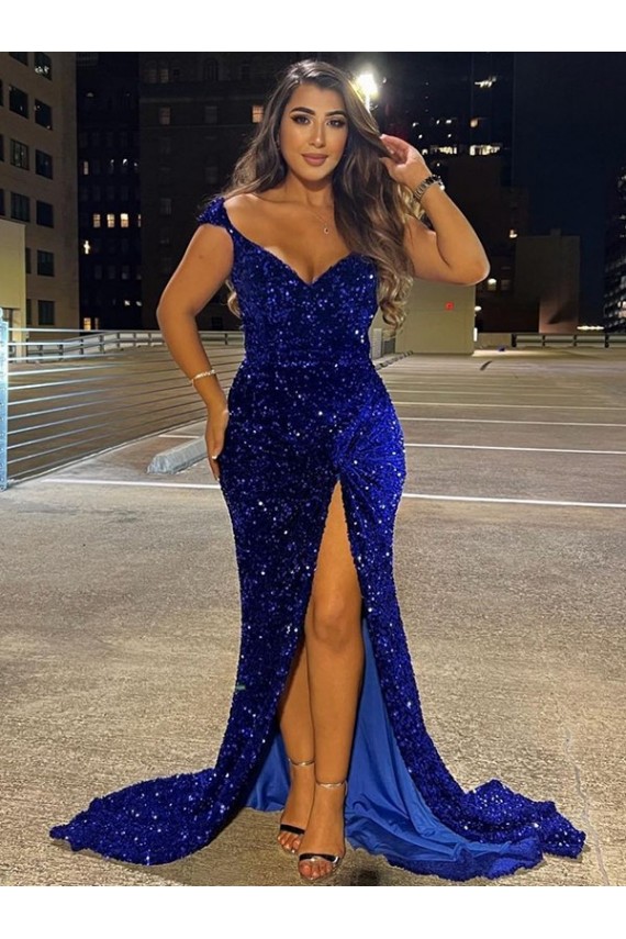 Fournisseurs de Bleu roi Fourreau Col V Balayage train Paillettes Velours Longue Robes de bal
