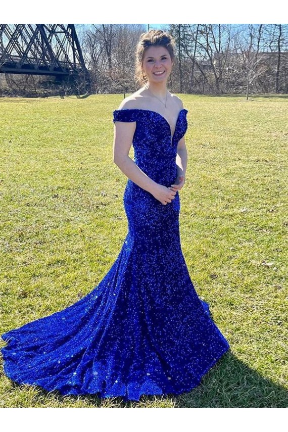 Fournisseurs de Bleu roi Fourreau Épaule Dénudée Balayage train Paillettes Velours Longue Robes de bal