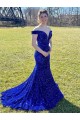 Fournisseurs de Bleu roi Fourreau Épaule Dénudée Balayage train Paillettes Velours Longue Robes de bal