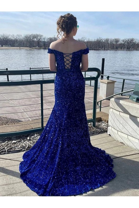 Fournisseurs de Bleu roi Fourreau Épaule Dénudée Balayage train Paillettes Velours Longue Robes de bal