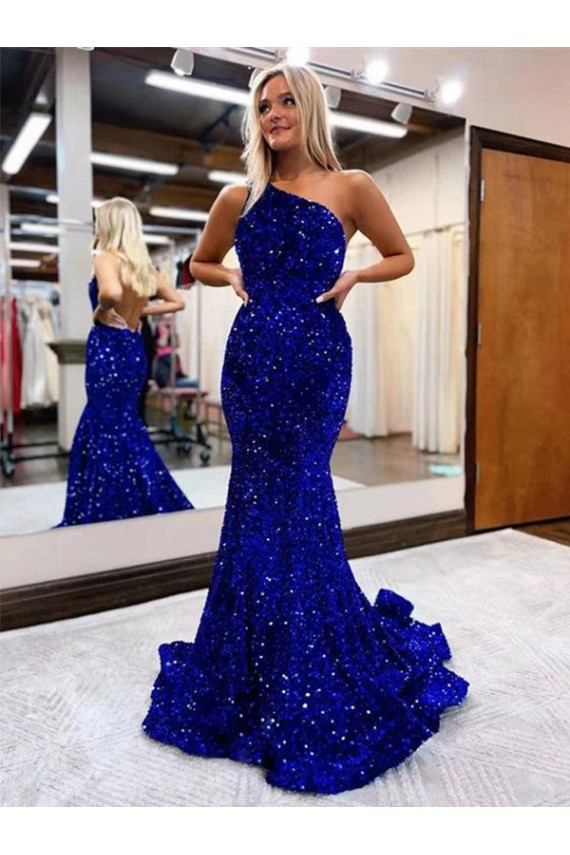 Fournisseurs de Bleu roi Sirène Balayage train Paillettes Velours Longue Robes de bal