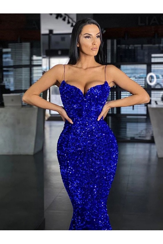 Fournisseurs de Bleu roi Sirène Bretelles spaghetti Balayage train Paillettes Velours Longue Robes de bal
