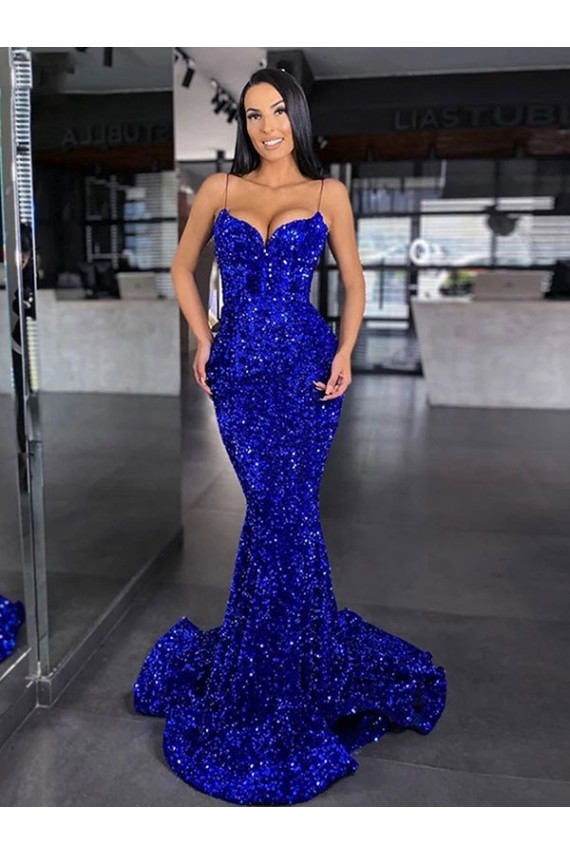 Fournisseurs de Bleu roi Sirène Bretelles spaghetti Balayage train Paillettes Velours Longue Robes de bal