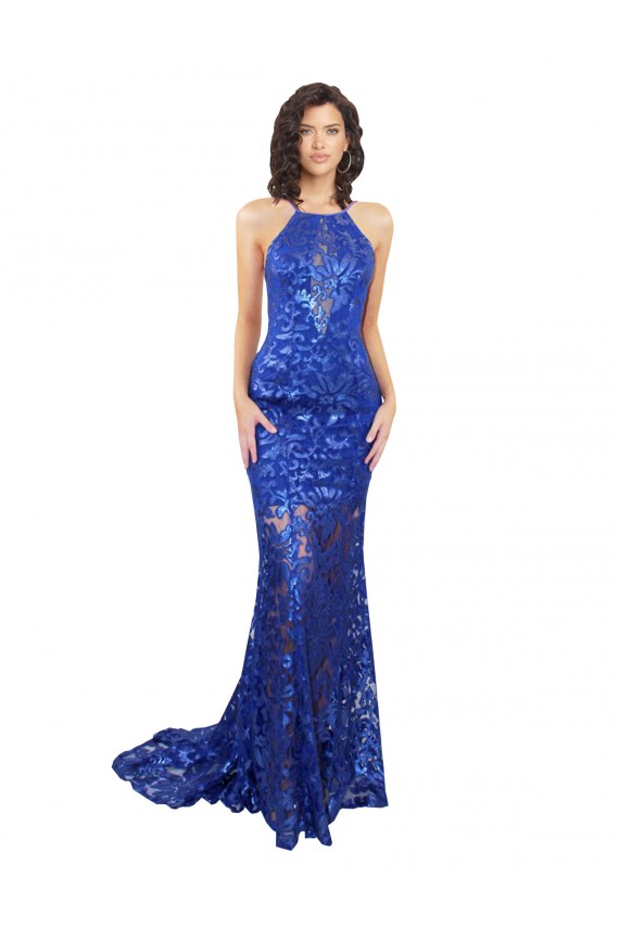 Fournisseurs de Bleu roi Sirène Col Haut Dentelle Longue Robes demoiselle d'honneur / Robes de bal