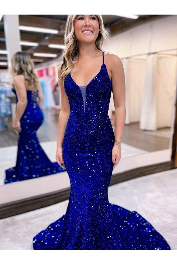 Fournisseurs de Bleu roi Sirène Col V Traîne moyenne Paillettes Velours Longue Robes de bal