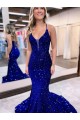 Fournisseurs de Bleu roi Sirène Col V Traîne moyenne Paillettes Velours Longue Robes de bal