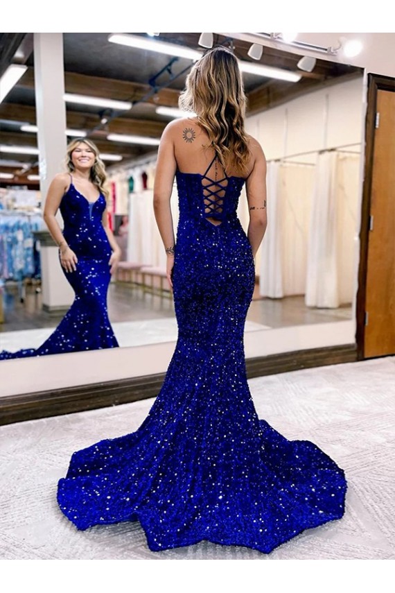 Fournisseurs de Bleu roi Sirène Col V Traîne moyenne Paillettes Velours Longue Robes de bal
